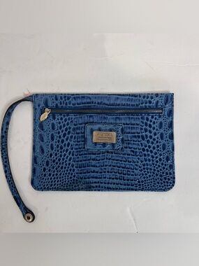 Furla Blue Croc-Embossed Leather Wristlet Clutch